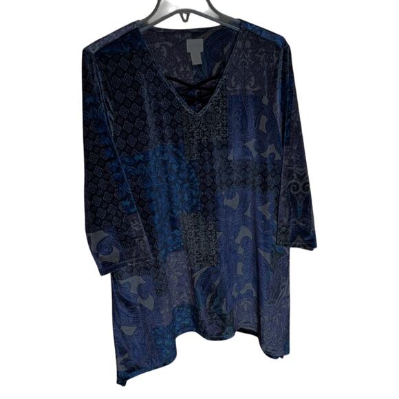 Chico's 2 Women Large Navy/ Purple Velvet Jacquard Paisley Flowy Blouse - Picture 1 of 7